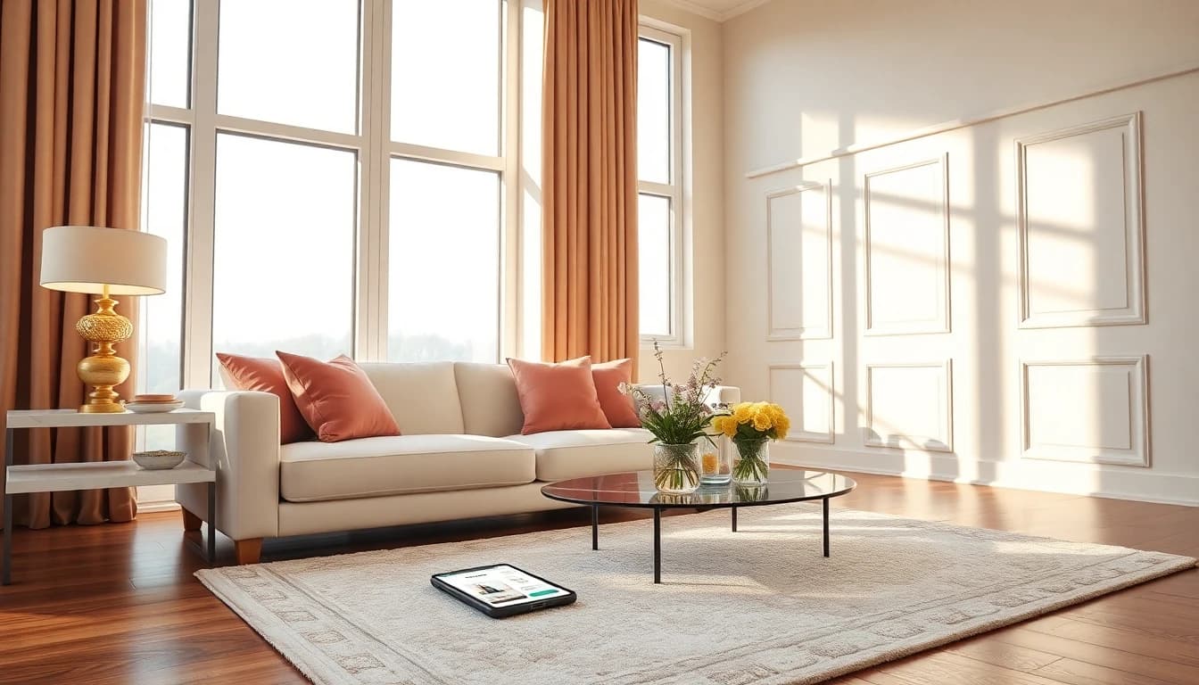 Happy people sharing AI interior design results and room makeover ideas on their phones